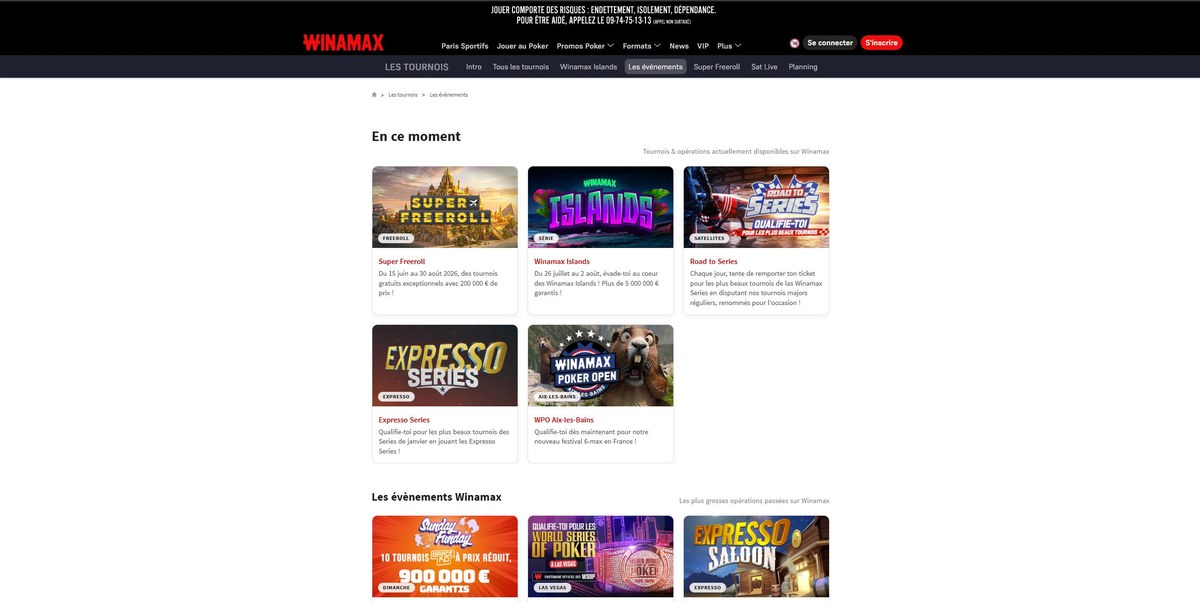 Winamax, page evenements et tournois
